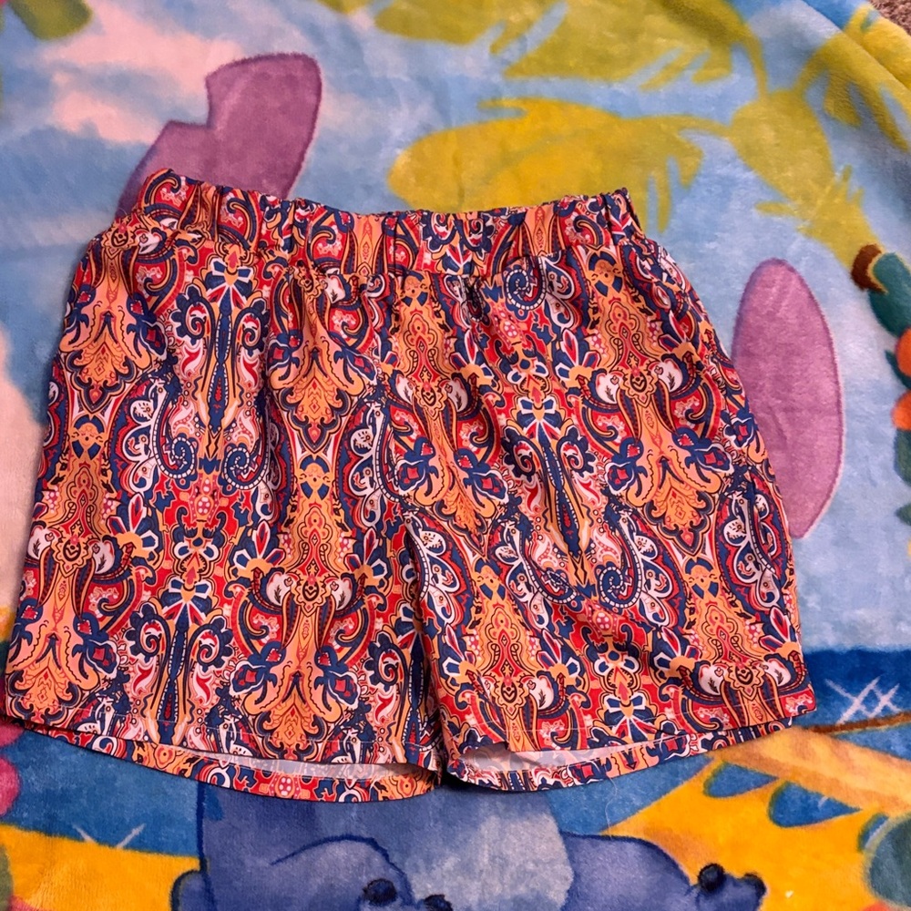 SHEIN Paisley Print Elastic Waist Athletic Shorts - Orange & Blue